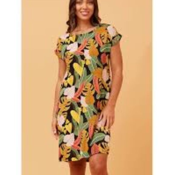 Anne Klein Coral Multi Color Flutter Sleeve Tropical Flower Dress - Picture 3 of 16